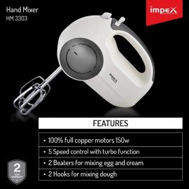Impex HM-3303 | 150 Watt 5 Speed Turbo Hand Mixer with 2 Hooks & Beaters