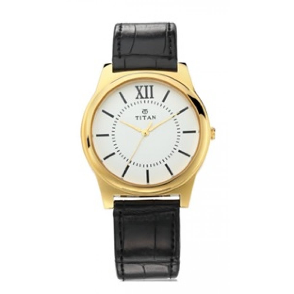 Titan Gents Classique Watch with Yellow Metal Case and Black Strap - 99001YL01