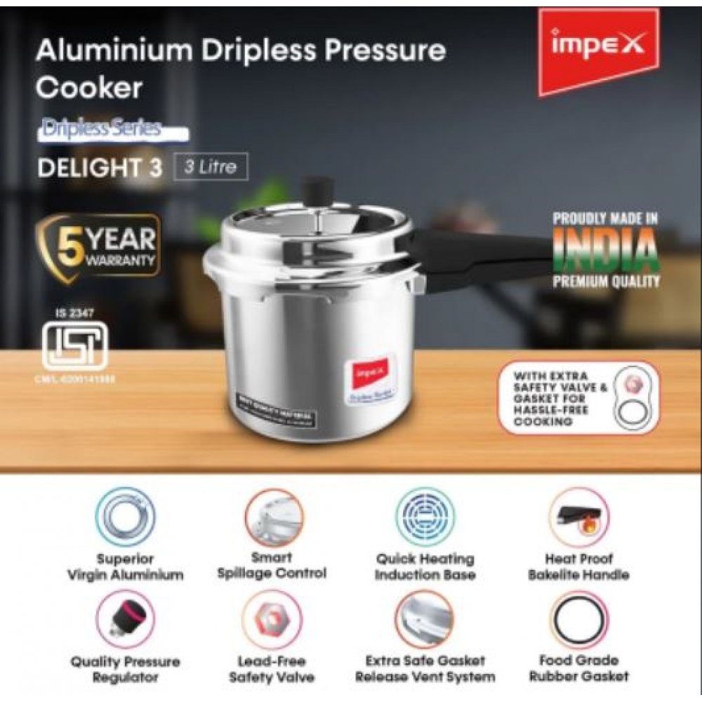 Impex Aluminium Pressure Cooker - 3 Litre - Dripless (Delight 3) (Super Store Exclusive)